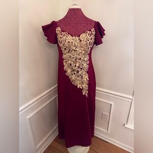 Modern Filipiniana Burgundy Maxi Dress with Gold Floral Appliqué